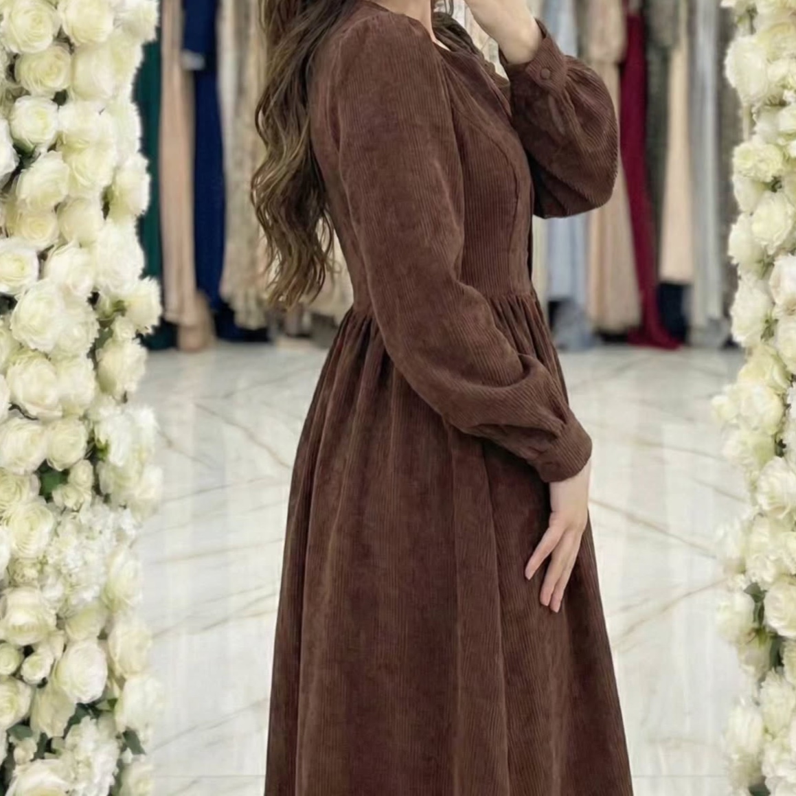 پیراهن دخترانه مجلسی مخمل کبریتی قهوه ای